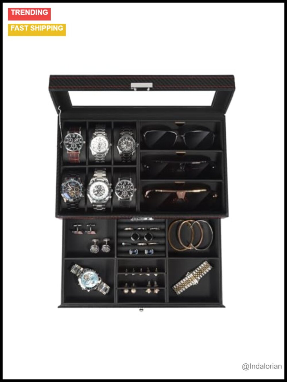 Men's 6 Slot Watch Box Jewelry Organizer with Drawer, Faux Leather, Velvet